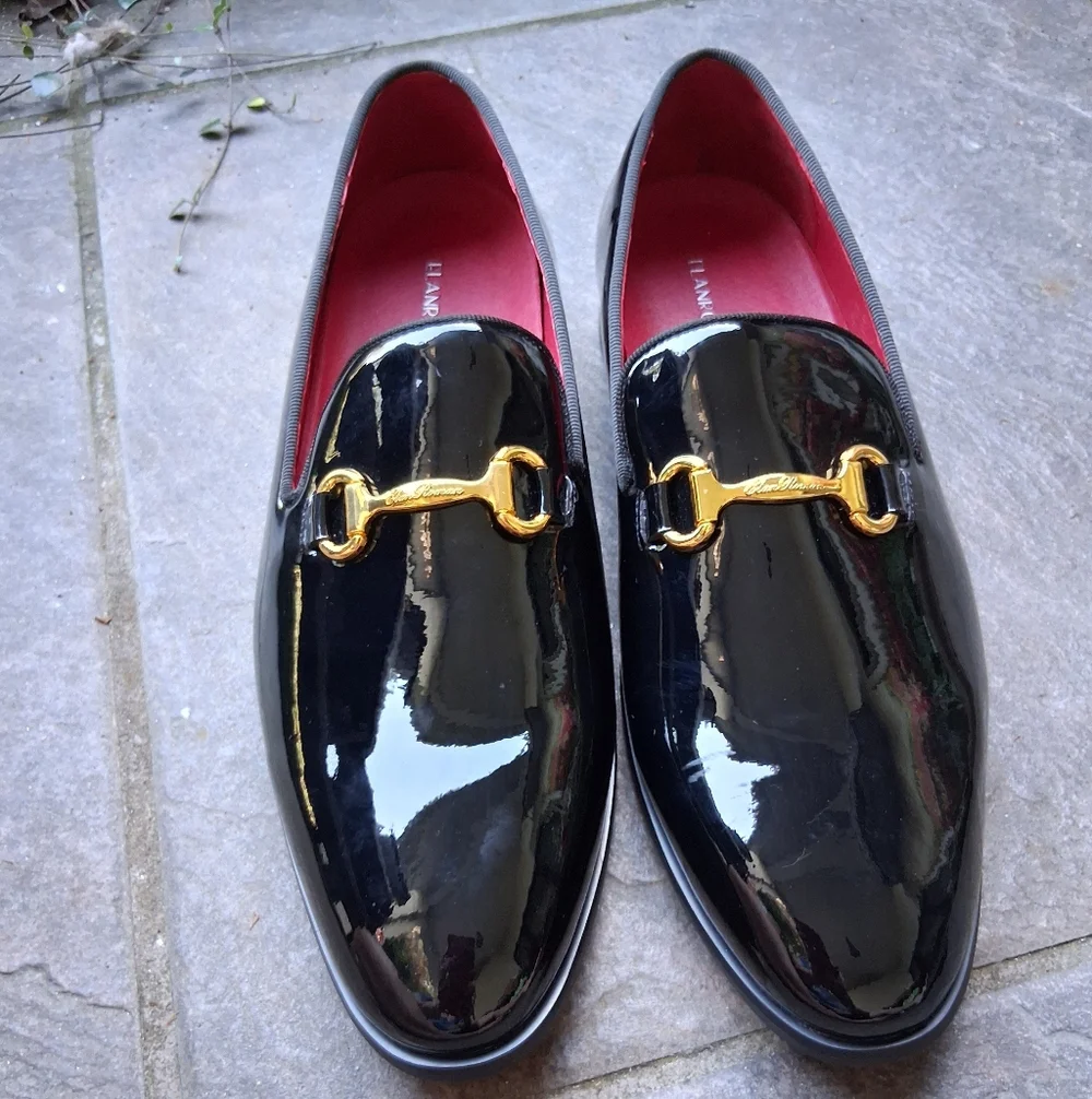 New Elanroman Mens 47, US 12 Patent Leather BLACK Formal.Shoes Gold Hardware